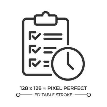 Checklist with clock pixel perfect line icon Stock Illustration