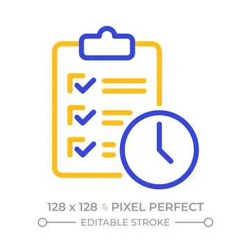 Checklist with clock pixel perfect two color line icon Stock Illustration