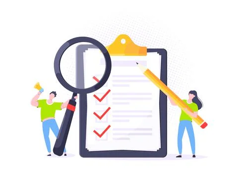 Checklist complete business concept tiny people with pencil, magnifying glass Stock Illustration