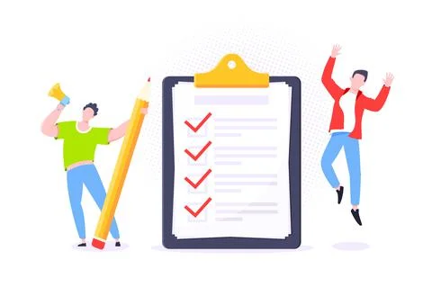 Checklist complete business concept tiny person with megaphone and pencil nearby Stock Illustration