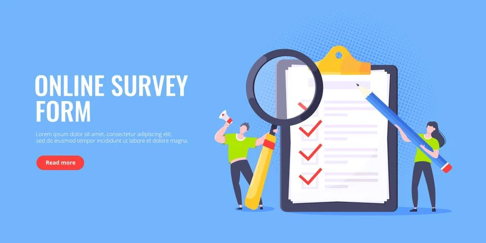 Checklist complete business concept tiny people with pencil, magnifying glass Stock Illustration