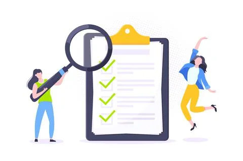 Checklist complete business concept tiny people with megaphone, magnifying glass Illustrazione stock