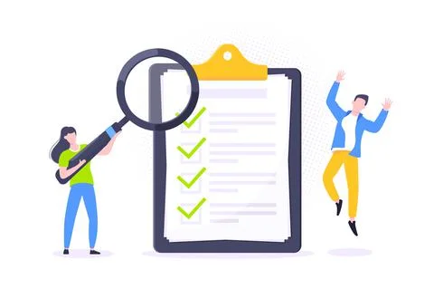 Checklist complete business concept tiny people with magnifying glass working Stock Illustration