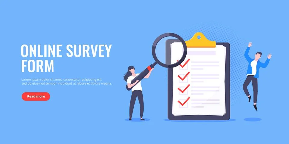Checklist complete business concept tiny people with magnifying glass working Illustrazione stock