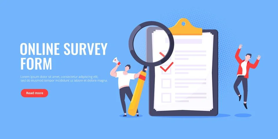 Checklist complete business concept tiny people with megaphone, magnifying glass Stock Illustration