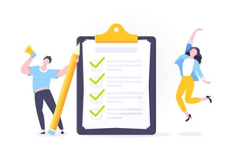 Checklist complete business concept tiny people with megaphone and pencil nearby Illustrazione stock