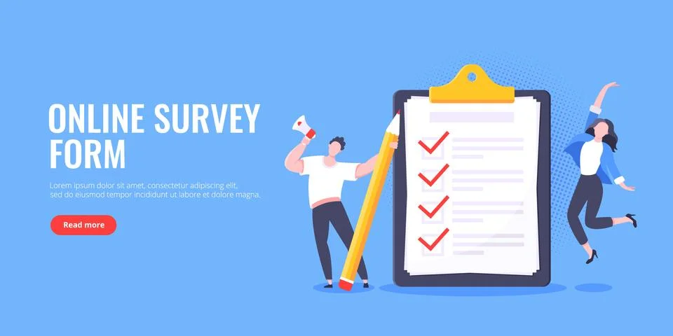 Checklist complete business concept tiny people with megaphone and pencil nearby Stock Illustration