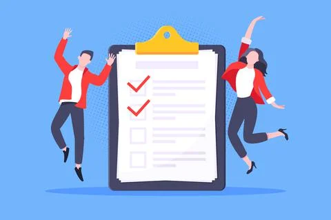 Checklist complete business concept tiny people jumping in the air nearby giant Stock Illustration