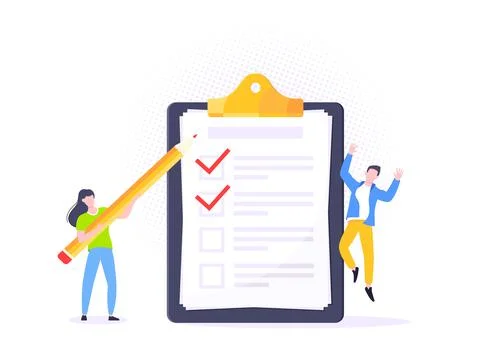 Checklist complete business concept tiny people with pencil nearby giant Stock Illustration