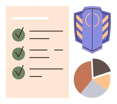 Checklist with Completed Tasks, Shield Icon, and Pie Chart Representing Security 스톡 일러스트