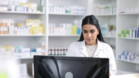 Checklist, computer and pharmacist working with medicine in a pharmacy store Video stock 237287916