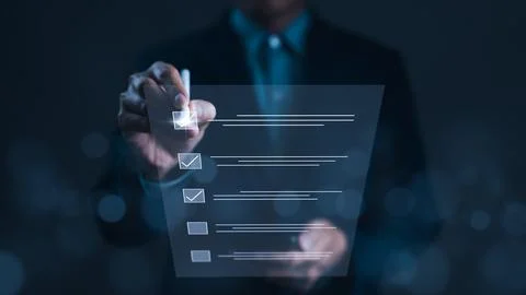 Checklist concept. Document management system, DMS. Assessment form, Foto stock