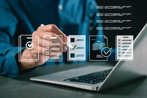 Checklist digital task management laptop document workflow online form impr.. Stock Photos