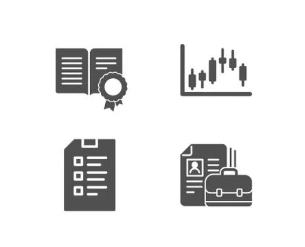 Checklist, Diploma and Candlestick graph icons. Vacancy sign. Data list Illustrazione stock