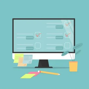 Checklist document in laptop and working desk vector. Cartoon computer with イラスト素材