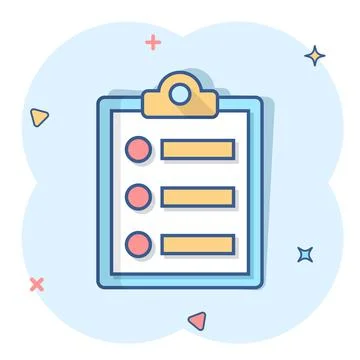 Checklist document sign icon in comic style. Survey vector cartoon illustrati Stock Illustration