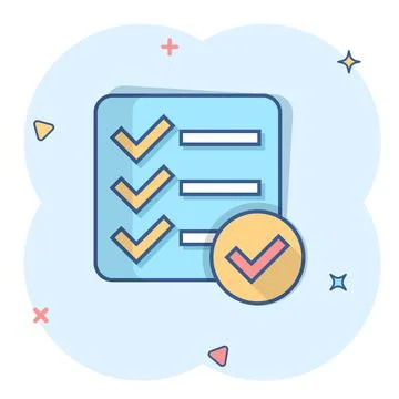 Checklist document sign icon in comic style. Survey vector cartoon illustrati Illustrazione stock