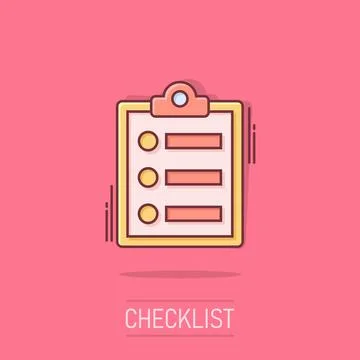Checklist document sign icon in comic style. Survey vector cartoon illustra.. Stock Illustration