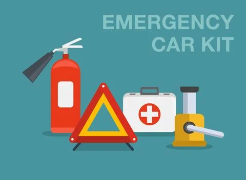 Checklist for drivers. Isolated close-up of emergency car kit. Must have items Stock Illustration