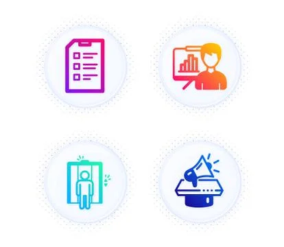 Checklist, Elevator and Presentation board icons set. Megaphone sign. Data list Stock Illustration