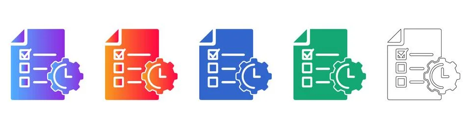 Checklist with Gear Clock Icon Set Stock Illustration