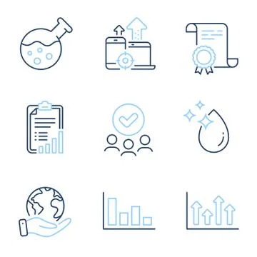 Checklist, Histogram and Upper arrows icons set. Chemistry lab, Seo devices and Stock Illustration