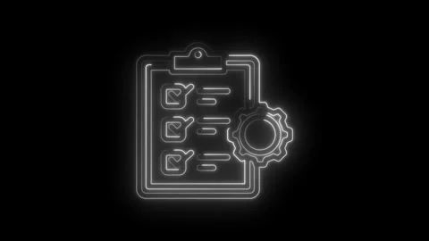 Checklist icon with gear symbol glowing neon outline on black background re.. Stock Footage 346138246
