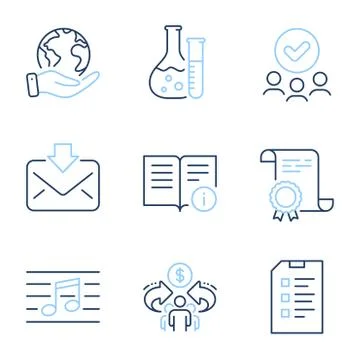 Checklist, Incoming mail and Sharing economy icons set. Musical note, Chemistry 스톡 일러스트