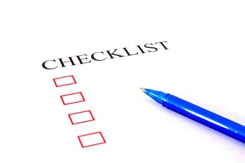 Checklist with pen and checked boxes. Foto stock