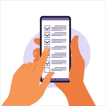 Checklist on smartphone screen. Online survey concept. Hand holds mobile phon Stock Illustration