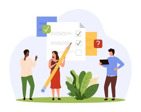 Checklist survey, notes and reminder, tiny people holding pencil to write ticks イラスト素材