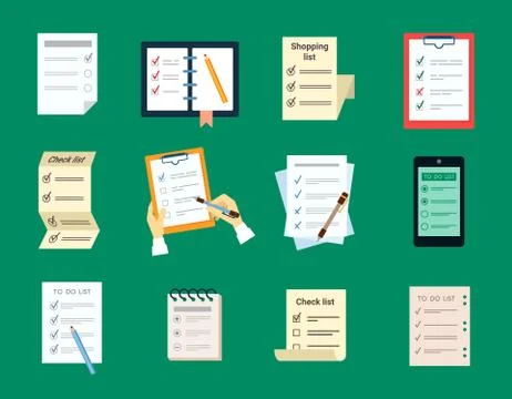 Checklist test to do set. Document questionnaire with brochure with choice of Stock Illustration