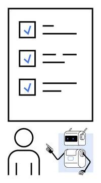 Checklist with three check-marked boxes, a minimalistic human figure, and a r Stock Illustration