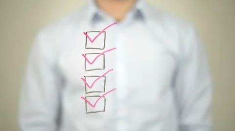 Checklist, Tick in Boxes,  Man writing on transparent screen Video stock 62988202