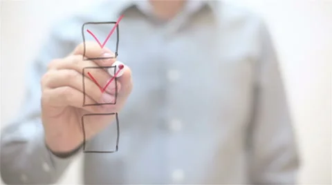 Checklist, tick in boxes. Man writing on transparent screen Stock Footage 67829893