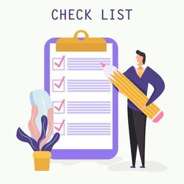 Checklist with a tick mark. man holds a pencil and stay near giant clipboard. Stock Illustration