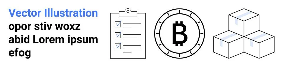 Checklist with tick marks, cryptocurrency Bitcoin symbol, and stack of cubes  Stock Illustration