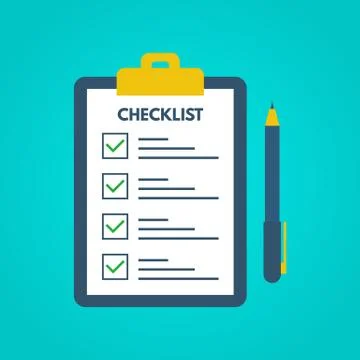 Checklist with tick marks in a flat style. Questionnaire on a clipboard paper Stock Illustration