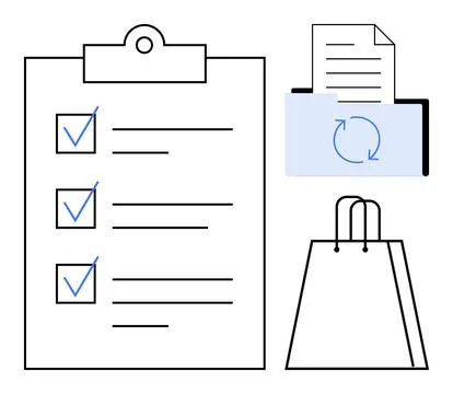 Checklist with ticked items on clipboard, document with arrows in a folder, a Stock Illustration