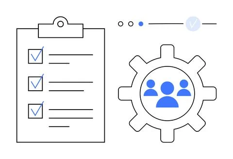 Checklist with ticked items, gear with blue team icons, progress indicator. I Stock Illustration