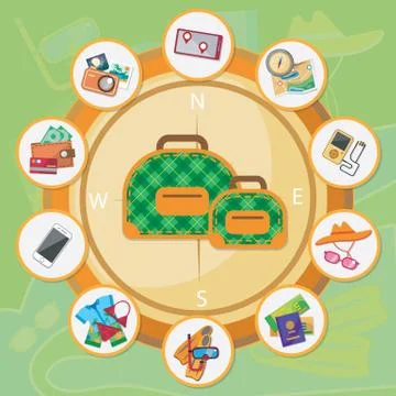 Checklist for the traveler.  Camera lens notes tablet smart phone backpack Stock Illustration