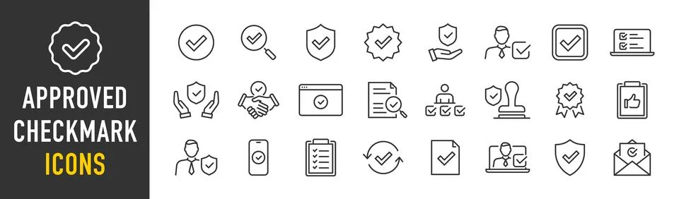 Checkmark and Approved web icon set in line style. Checklist, accepted, sta.. Stock Illustration