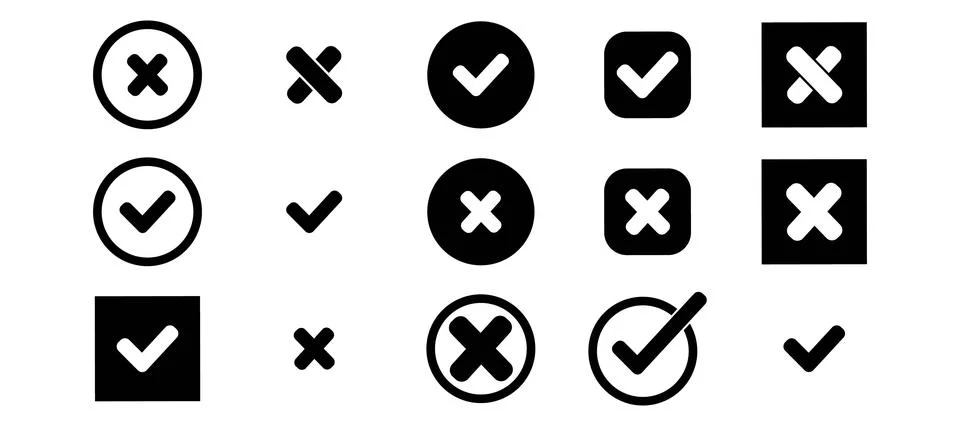 Checkmark and Cross mark Graphic Icons in Various Shapes Stock Illustration