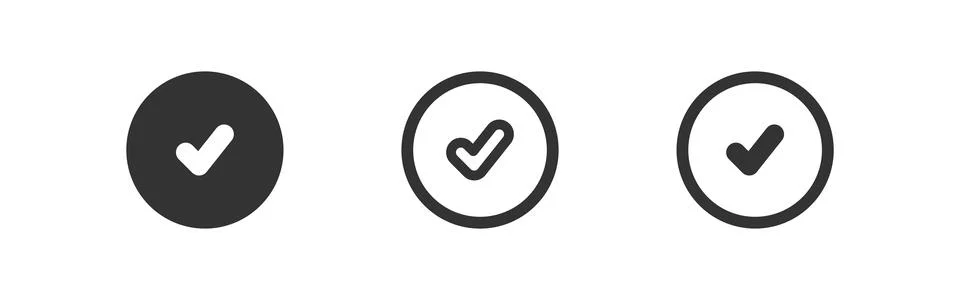 Checkmark circle icon. Check mark round button. Ok and yes line sign. Tick,.. Stock Illustration