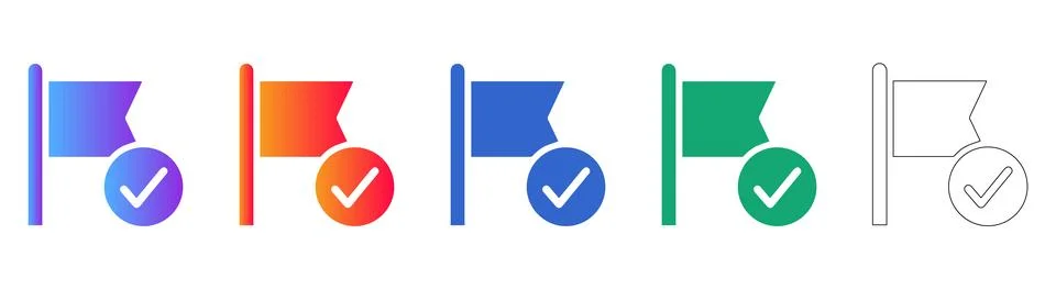 Checkmark Flag Icon Set in Gradient and Outline Styles Illustrazione stock