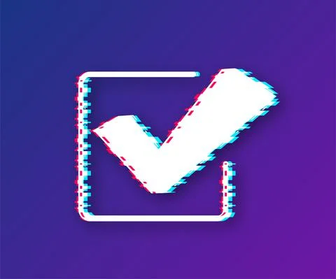 Checkmark glitch icon. Red approved sticker on white background. Vector stock イラスト素材