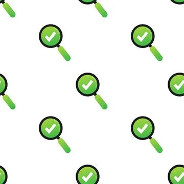 Checkmark with loupe. Green approved pattern on white background. Vector stock Illustrazione stock