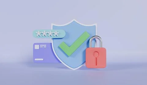 Checkmark shield, credit card and password, the concept of protecting financial Stock Illustration
