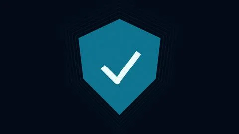 Checkmark shield icon with white tick on blue background Ilustração Stock