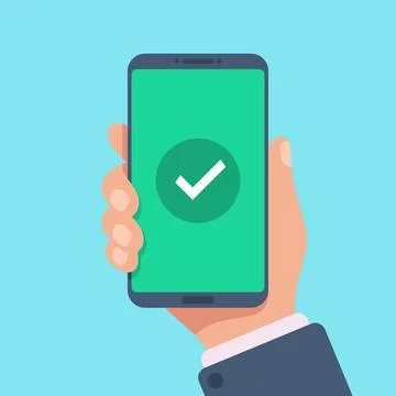 Checkmark on smartphone screen. Green confirmation notification on mobile p.. Stock Illustration
